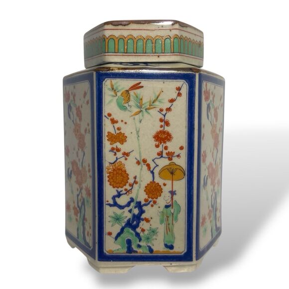 Vintage The Toscany Collection Japan Loose Tea Jar Holder Hexagon Asian Floral - Picture 1 of 8